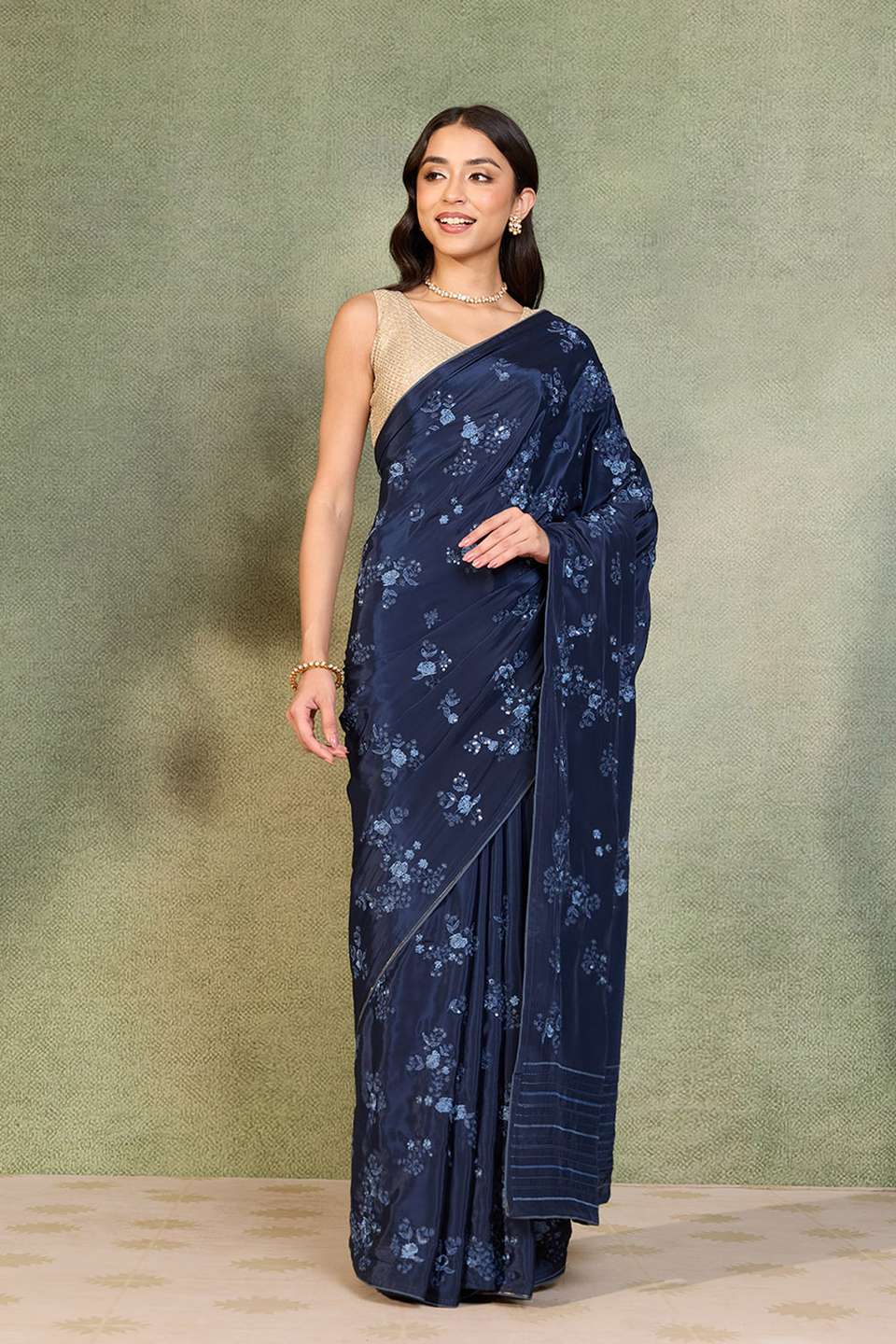 Dark Blue Viscose Crepe Embroidered Saree