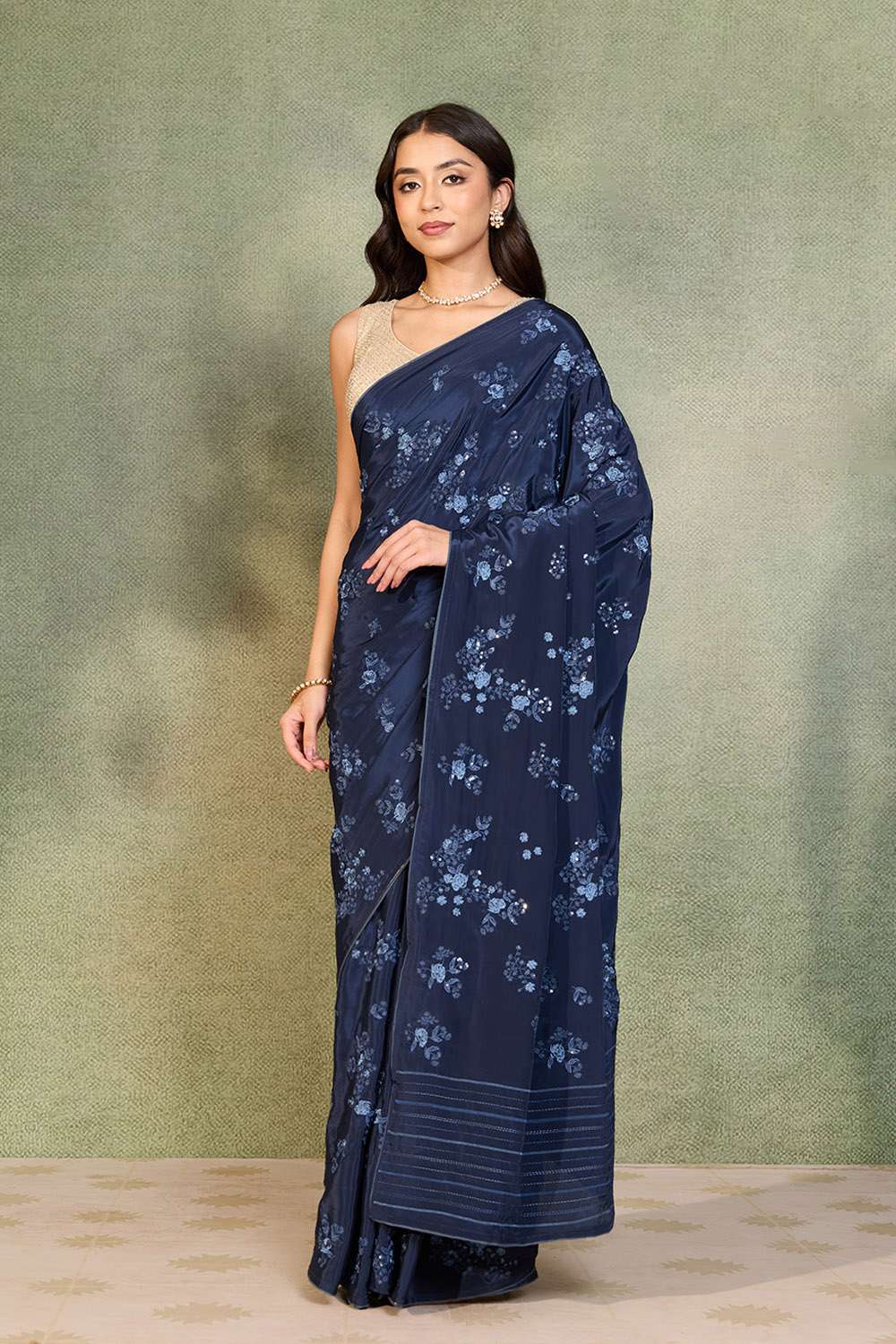 Dark Blue Viscose Crepe Embroidered Saree image number null