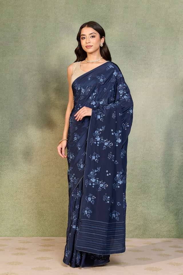Dark Blue Viscose Crepe Embroidered Saree thumbnail image number null