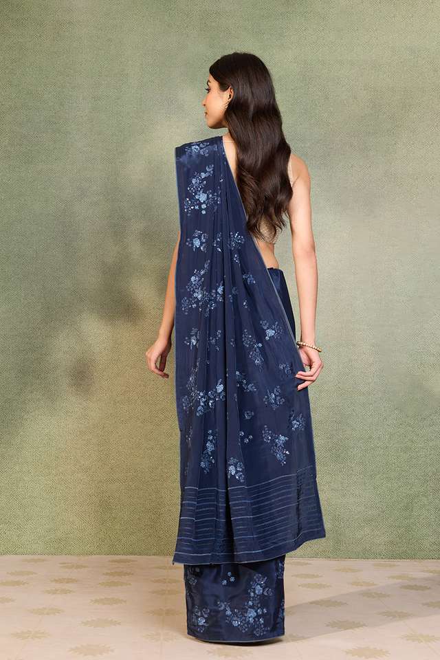 Dark Blue Viscose Crepe Embroidered Saree thumbnail image number null