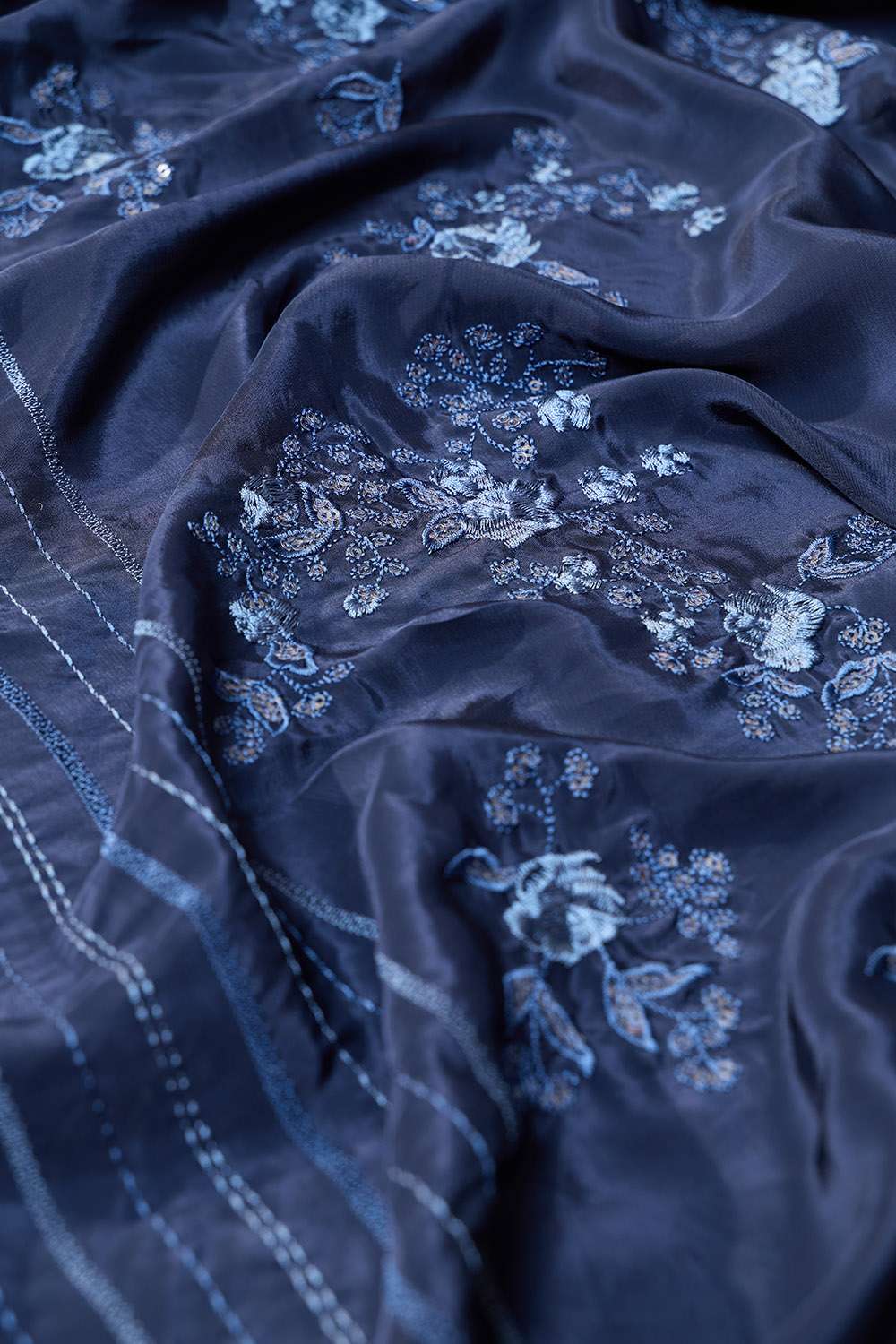 Dark Blue Viscose Crepe Embroidered Saree image number null