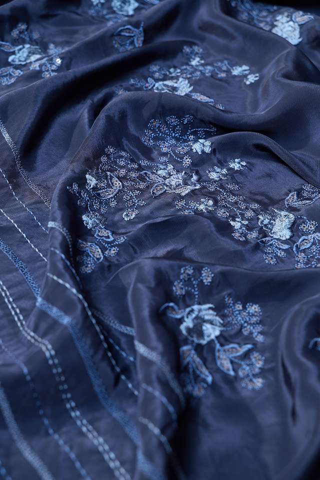 Dark Blue Viscose Crepe Embroidered Saree thumbnail image number null