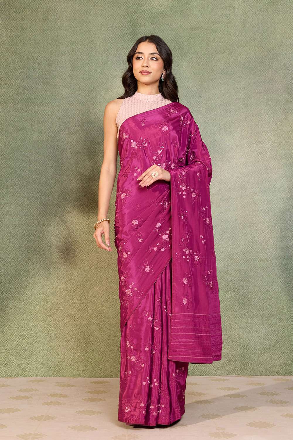 Dark Pink Viscose Crepe Embroidered Saree image number null