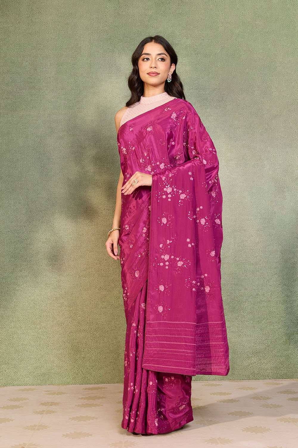 Dark Pink Viscose Crepe Embroidered Saree image number null