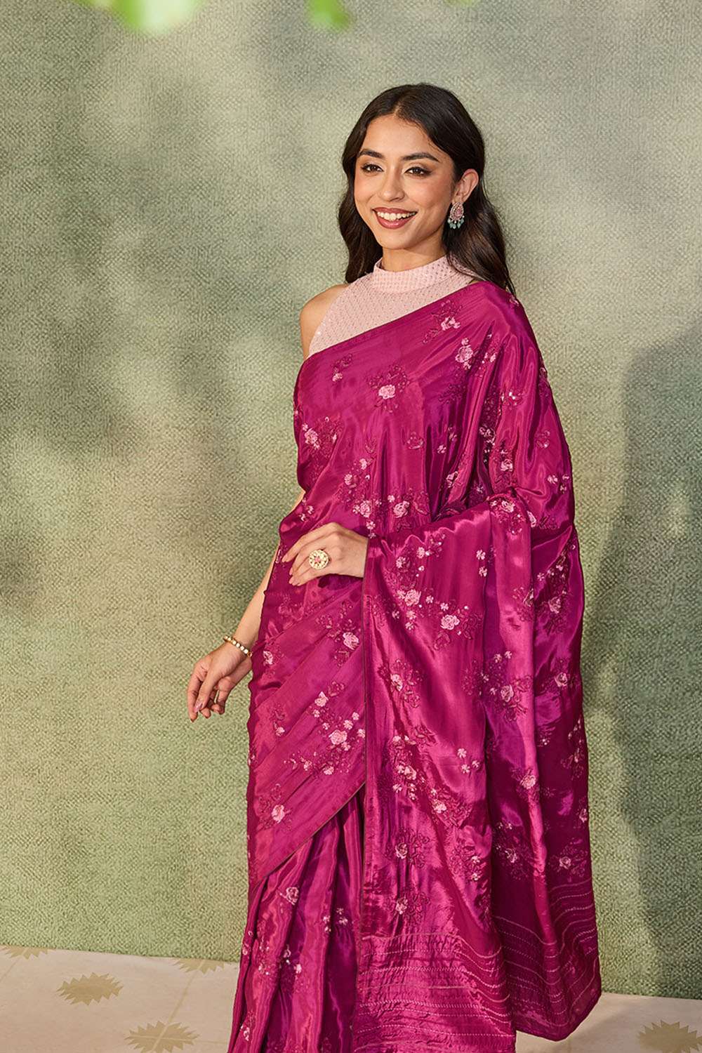 Dark Pink Viscose Crepe Embroidered Saree image number null