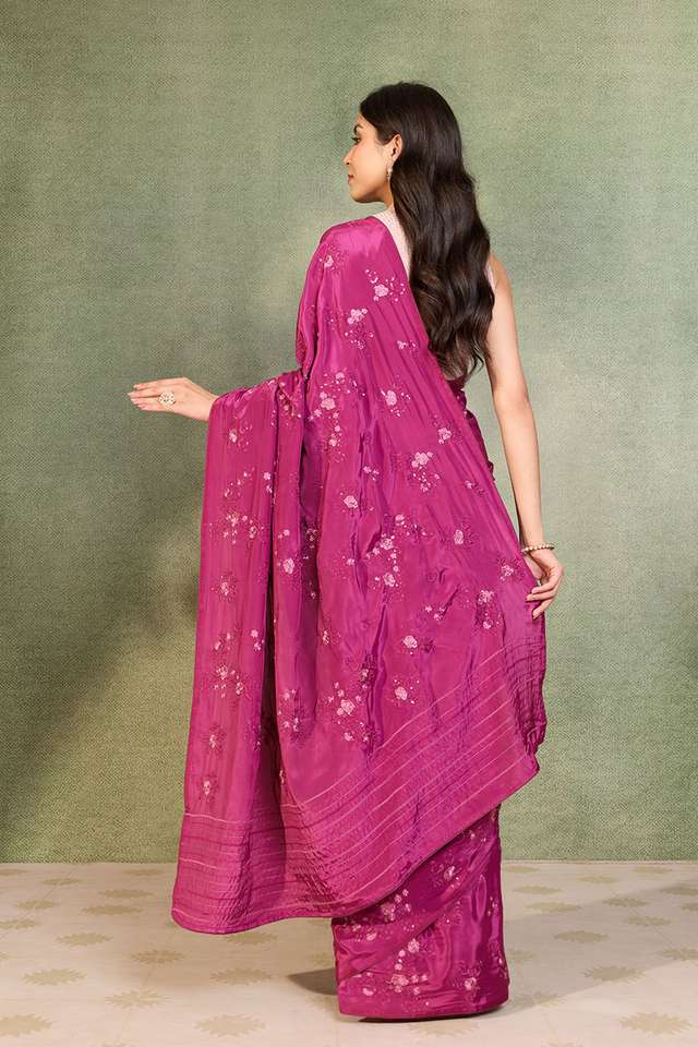 Dark Pink Viscose Crepe Embroidered Saree thumbnail image number null