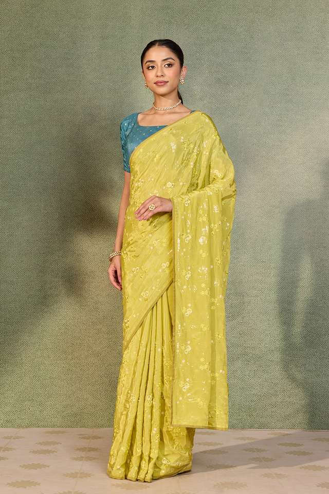 Light Green Embroidered Viscose Georgette Saree thumbnail image number null