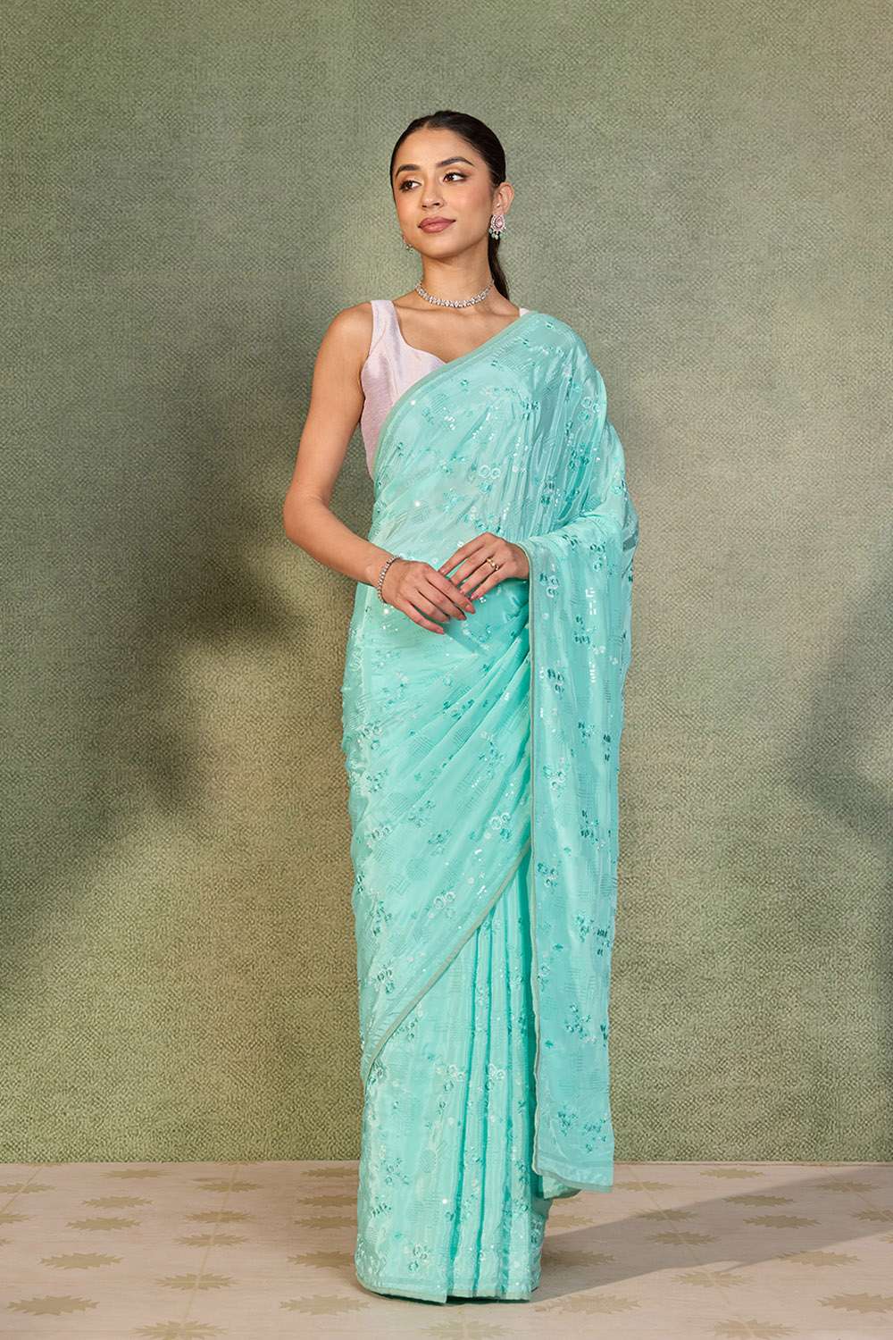 Light Blue Embroidered Viscose Crepe Saree image number null