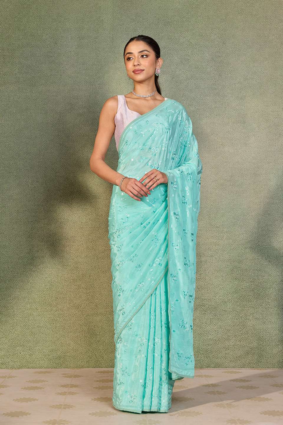 Light Blue Embroidered Viscose Crepe Saree