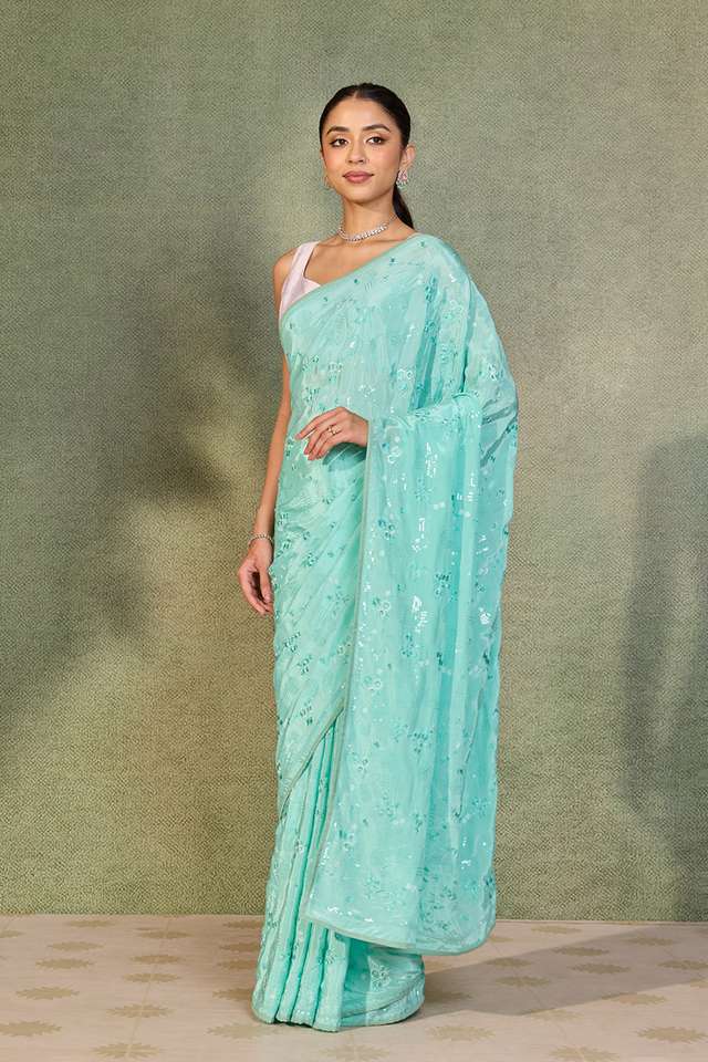 Light Blue Embroidered Viscose Crepe Saree thumbnail image number null