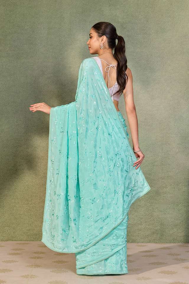 Light Blue Embroidered Viscose Crepe Saree thumbnail image number null