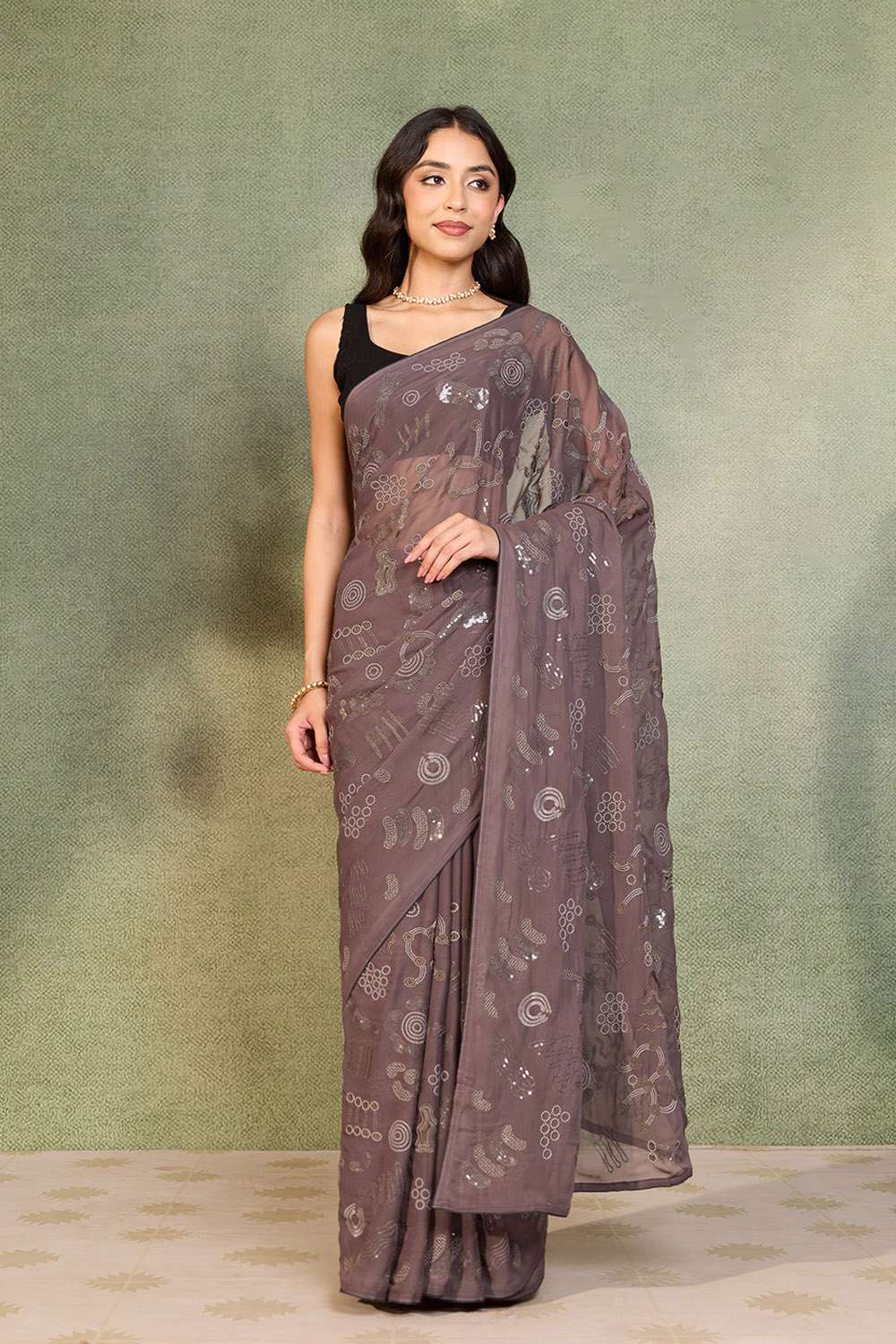 Grey Viscose Georgette Embroidered Saree image number null