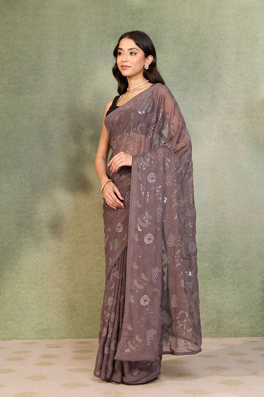 Grey Viscose Georgette Embroidered Saree image number null