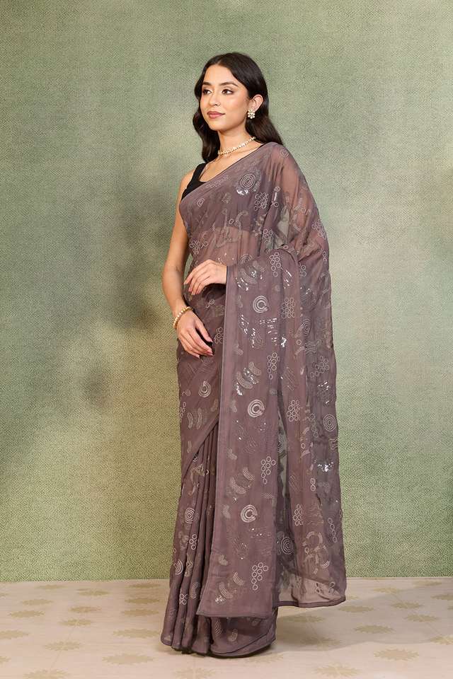 Grey Viscose Georgette Embroidered Saree thumbnail image number null