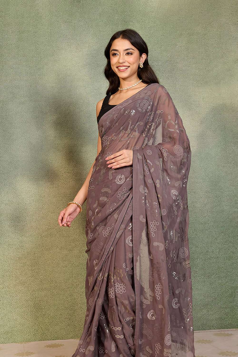 Grey Viscose Georgette Embroidered Saree image number null