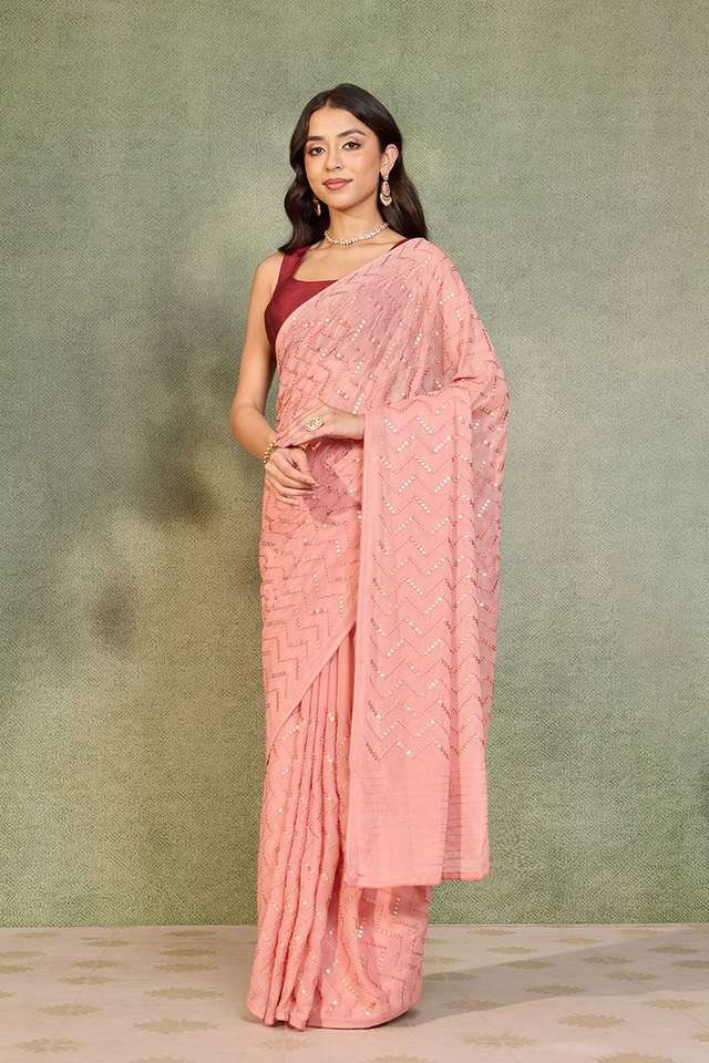 Light Pink Viscose Georgette Embroidered Saree thumbnail image number null