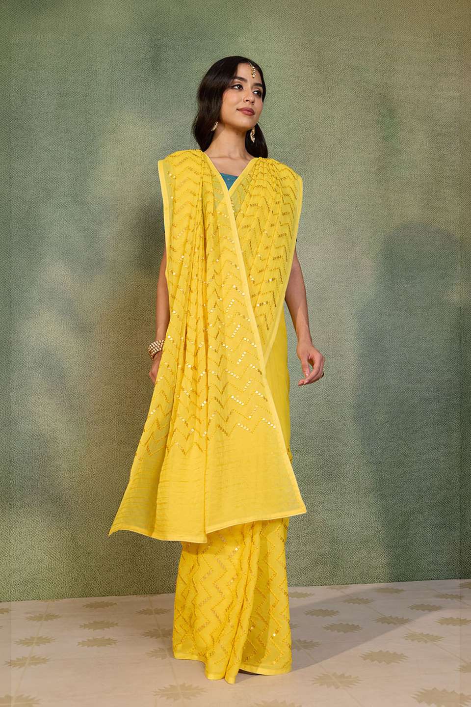 Yellow Viscose Georgette Embroidered Saree