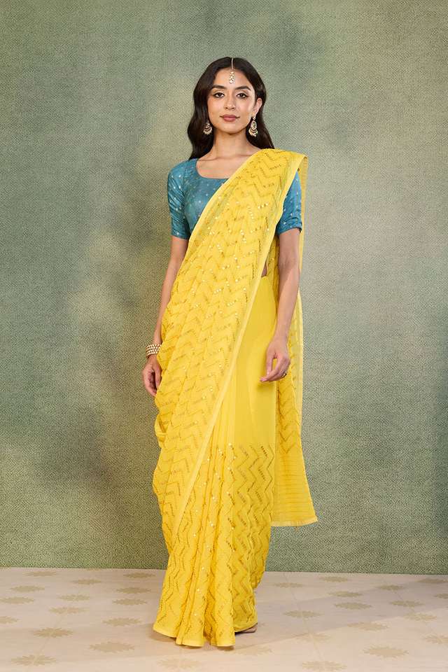Yellow Viscose Georgette Embroidered Saree thumbnail image number null