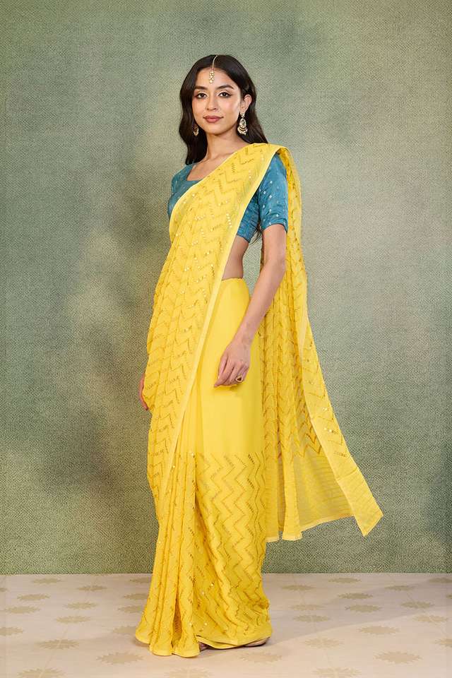 Yellow Viscose Georgette Embroidered Saree thumbnail image number null