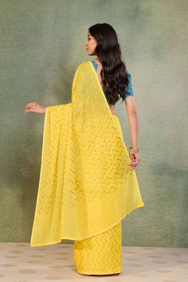 Yellow Viscose Georgette Embroidered Saree thumbnail image number null
