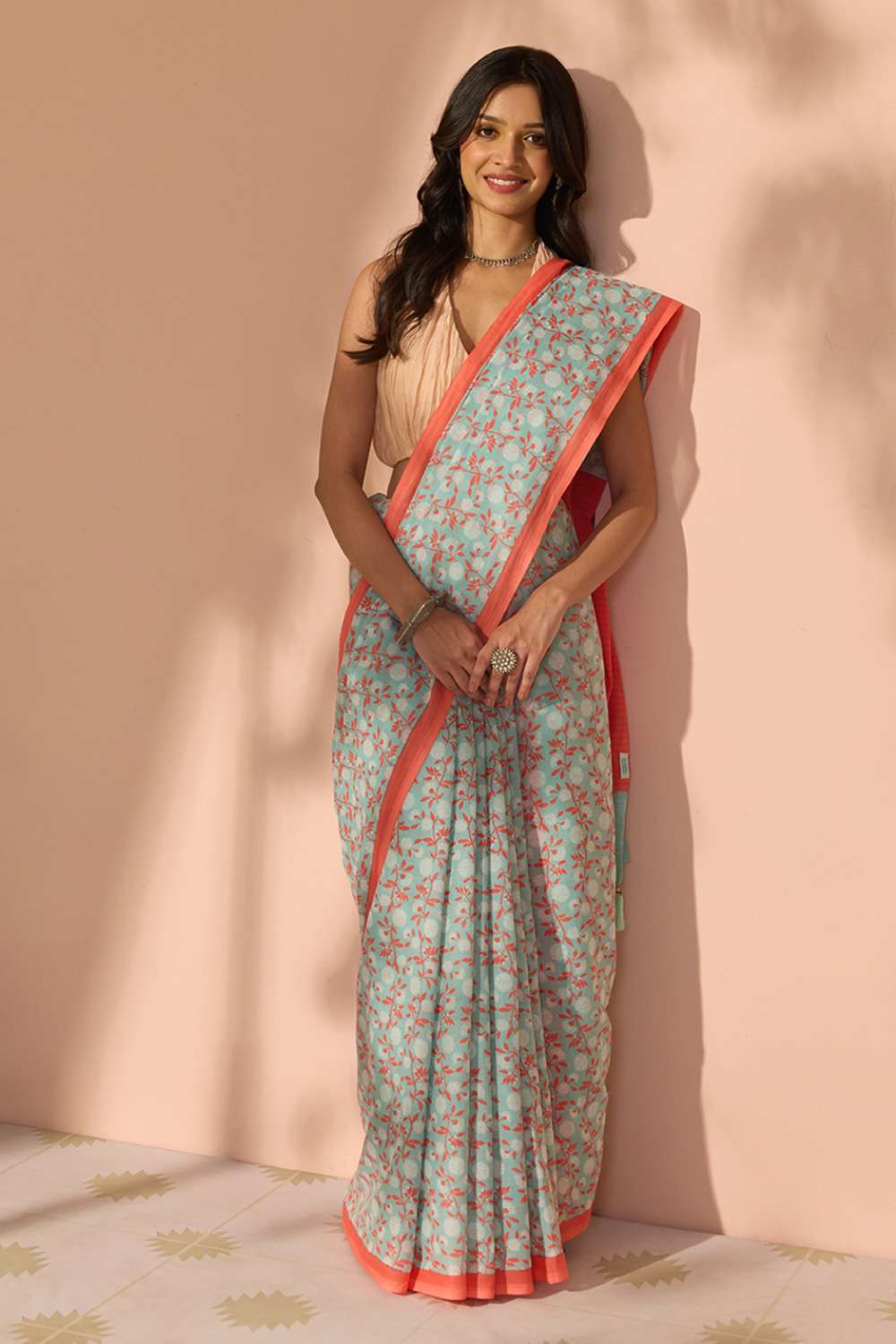 Light Blue Bengal Screen Printed Pure Cotton Mulmul Saree image number null