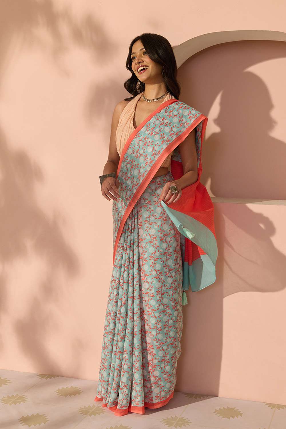 Light Blue Bengal Screen Printed Pure Cotton Mulmul Saree image number null