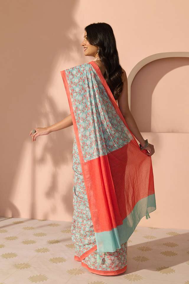 Light Blue Bengal Screen Printed Pure Cotton Mulmul Saree thumbnail image number null