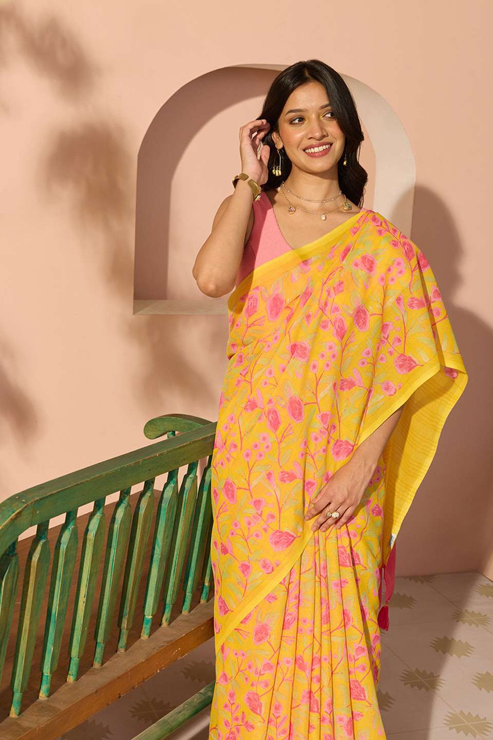 Yellow Bengal Screen Printed Pure Cotton Mulmul Saree