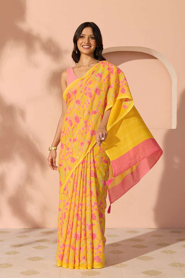 Yellow Bengal Screen Printed Pure Cotton Mulmul Saree thumbnail image number null