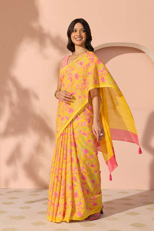 Yellow Bengal Screen Printed Pure Cotton Mulmul Saree thumbnail image number null