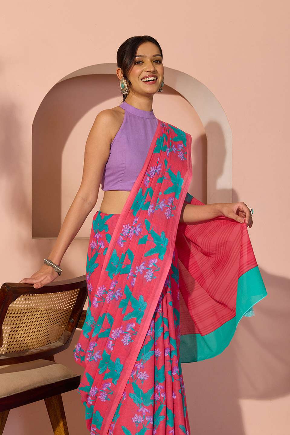 Dark Pink Bengal Screen Printed Pure Cotton Mulmul Saree