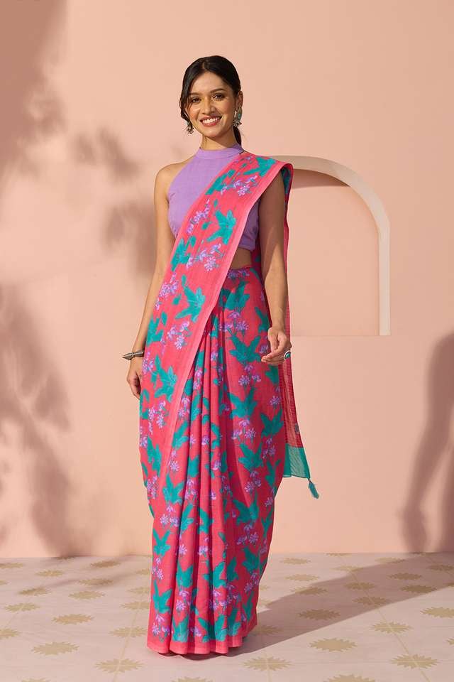 Dark Pink Bengal Screen Printed Pure Cotton Mulmul Saree thumbnail image number null