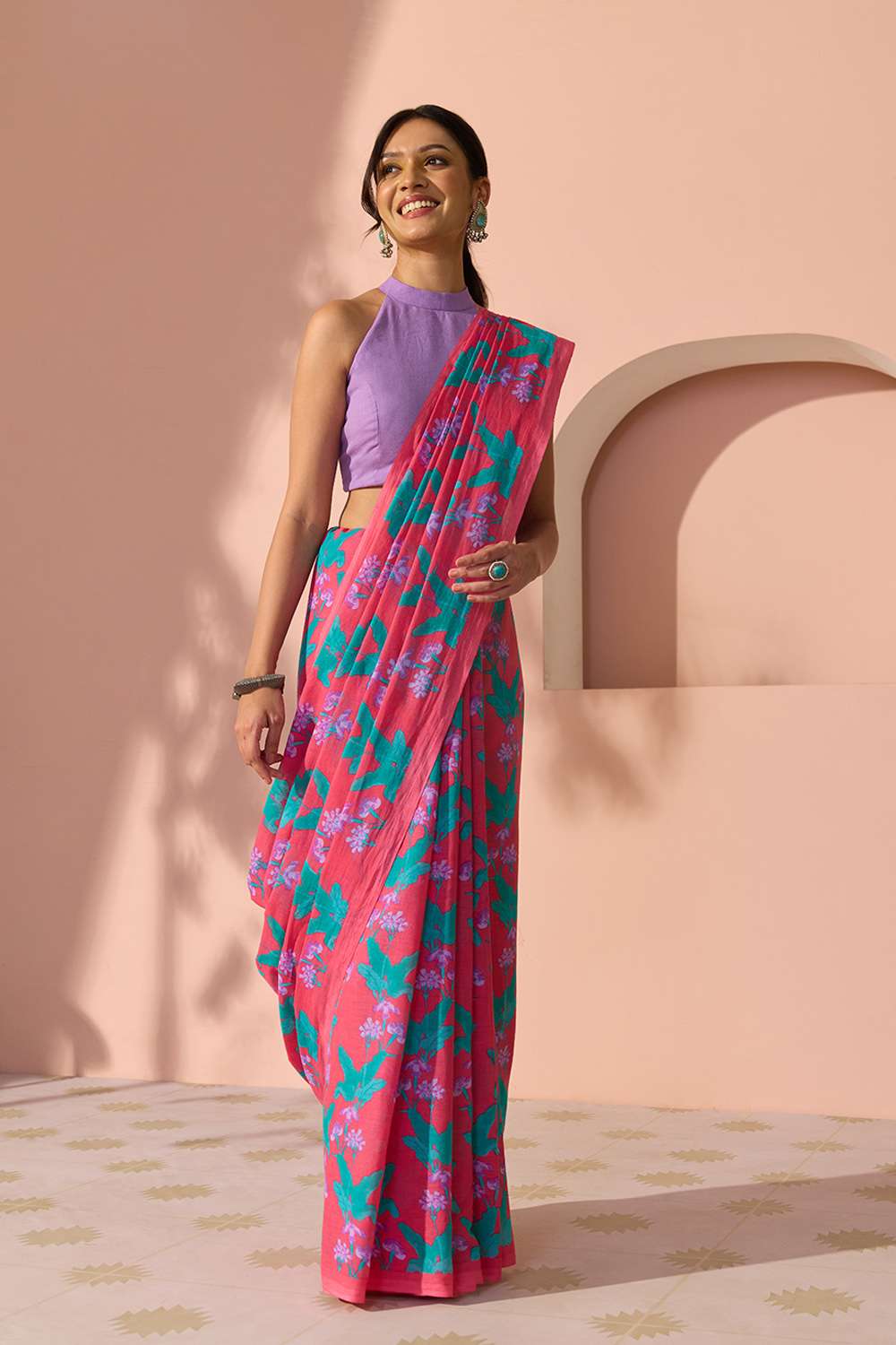 Dark Pink Bengal Screen Printed Pure Cotton Mulmul Saree image number null