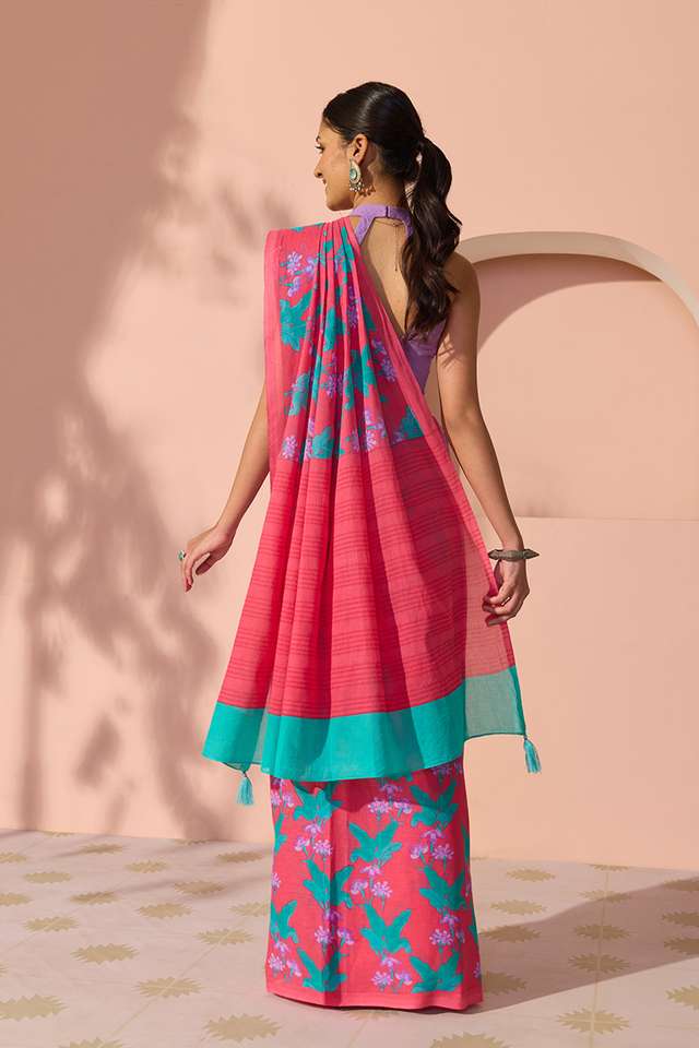 Dark Pink Bengal Screen Printed Pure Cotton Mulmul Saree thumbnail image number null