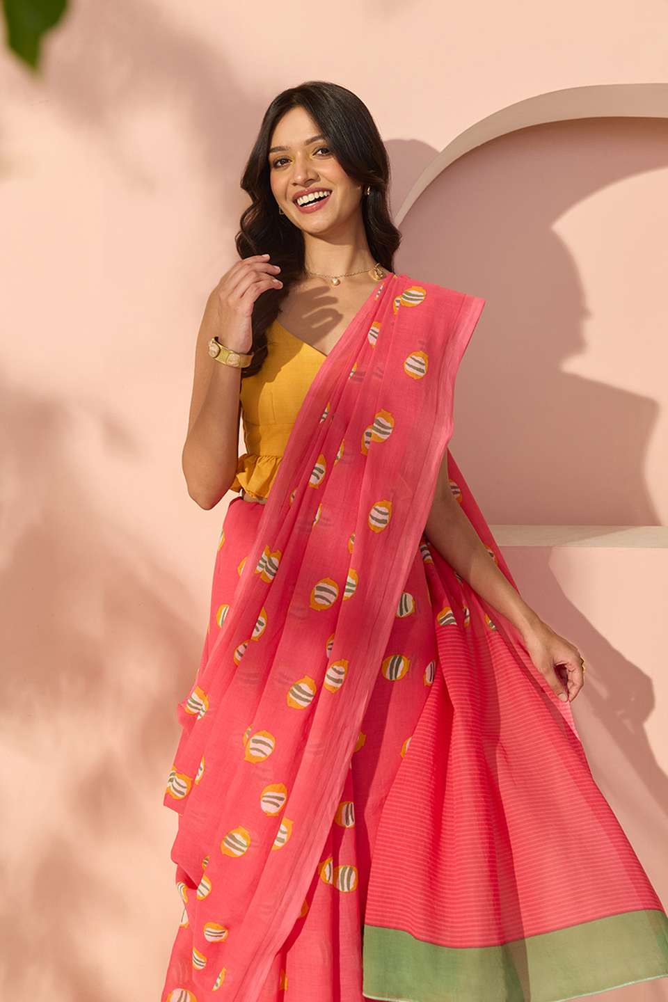 Pink Bengal Screen Printed Pure Cotton Mulmul Saree