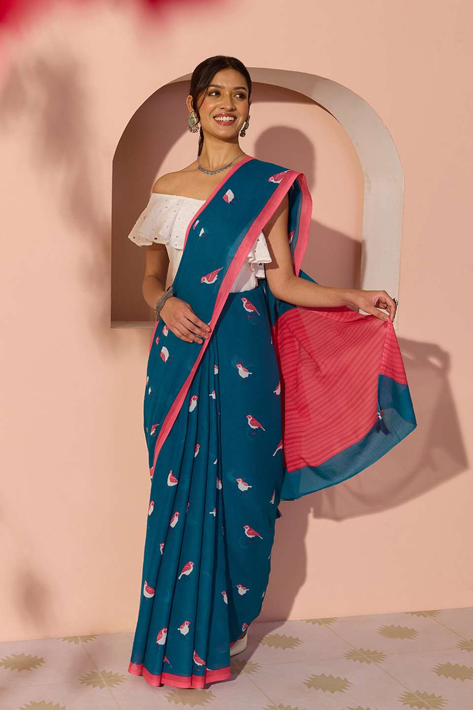 Dark Blue Bengal Screen Printed Pure Cotton Mulmul Saree