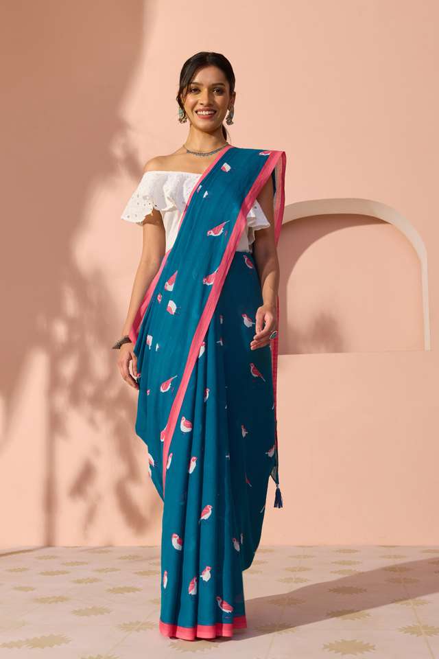 Dark Blue Bengal Screen Printed Pure Cotton Mulmul Saree thumbnail image number null