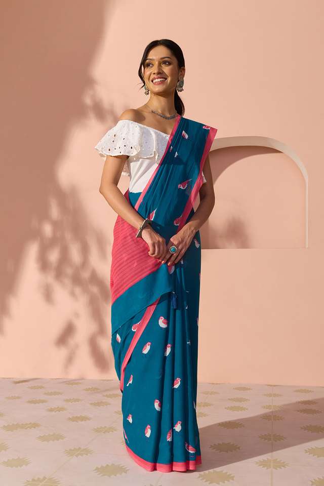Dark Blue Bengal Screen Printed Pure Cotton Mulmul Saree thumbnail image number null