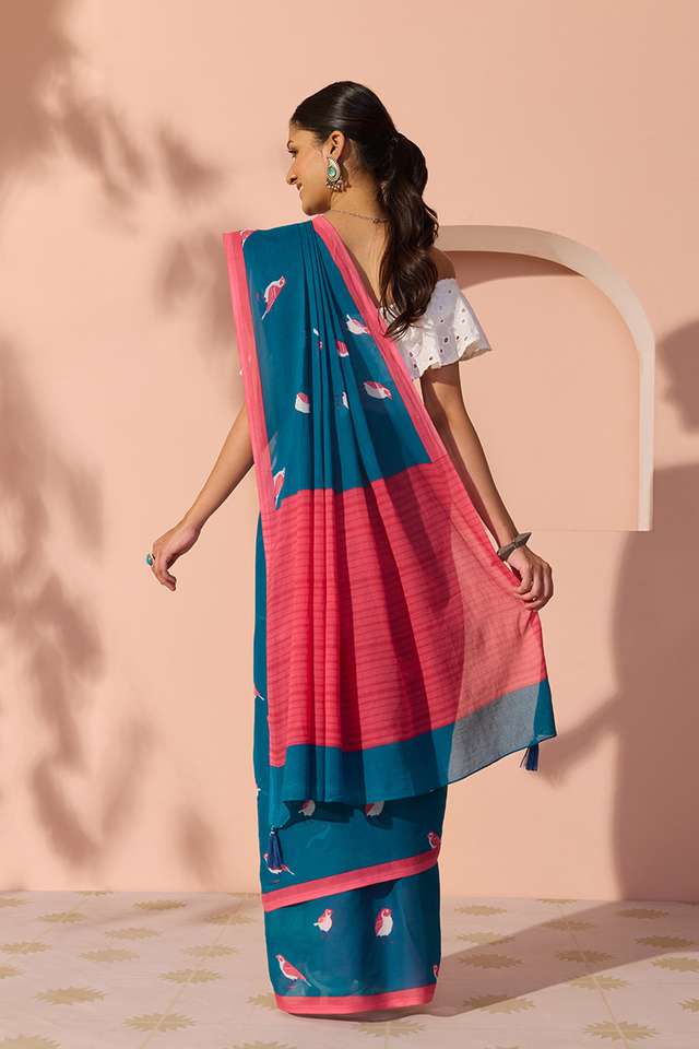 Dark Blue Bengal Screen Printed Pure Cotton Mulmul Saree thumbnail image number null