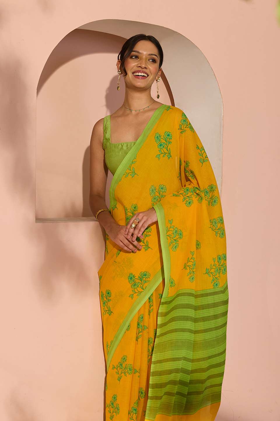 Yellow Bengal Screen Printed Pure Cotton Mulmul Saree