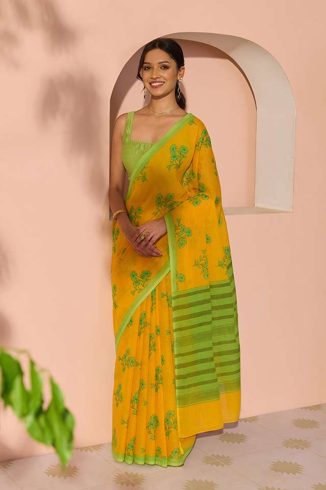 Yellow Bengal Screen Printed Pure Cotton Mulmul Saree thumbnail image number null