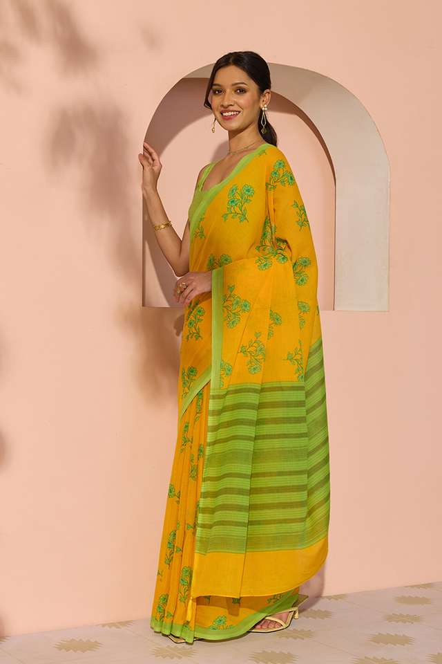 Yellow Bengal Screen Printed Pure Cotton Mulmul Saree thumbnail image number null
