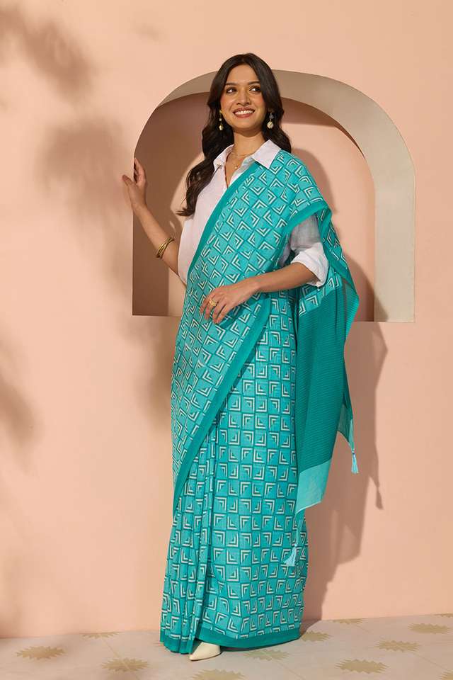 Blue Bengal Screen Printed Pure Cotton Mulmul Saree thumbnail image number null