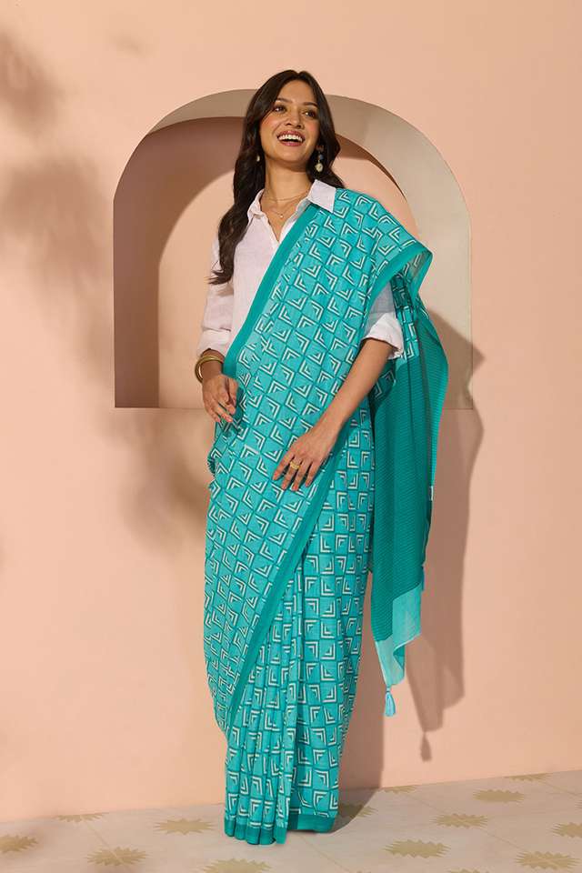 Blue Bengal Screen Printed Pure Cotton Mulmul Saree thumbnail image number null