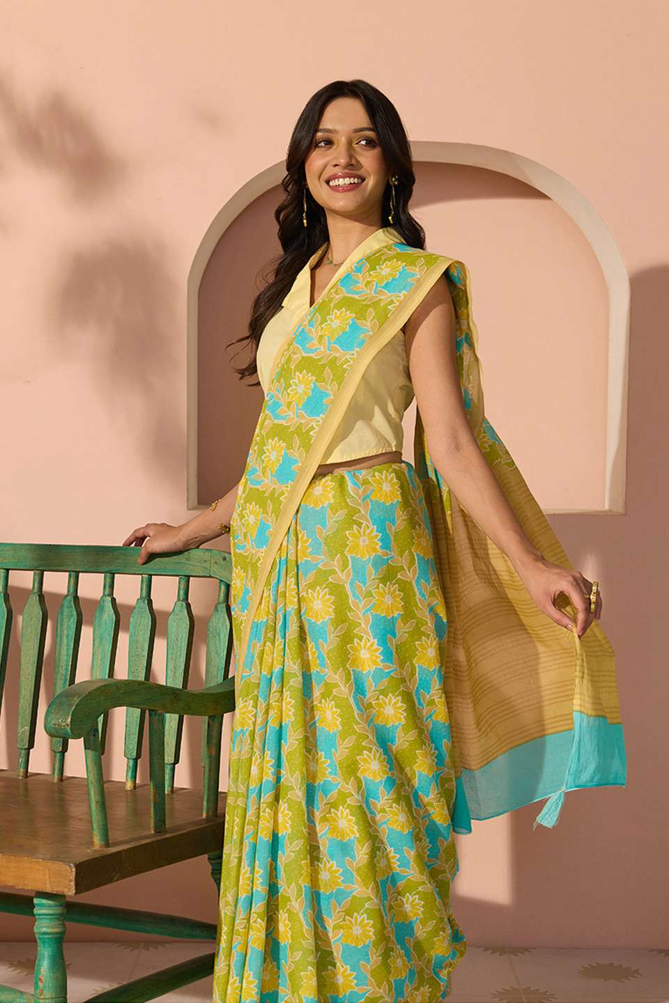 Green Bengal Screen Printed Pure Cotton Mulmul Saree