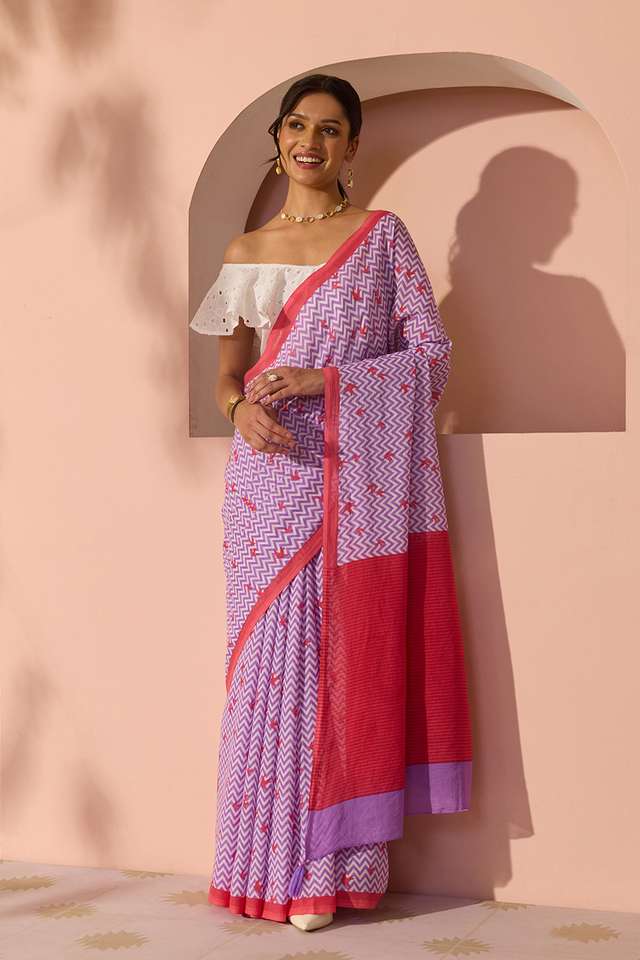 Light Violet Bengal Screen Printed Pure Cotton Mulmul Saree thumbnail image number null