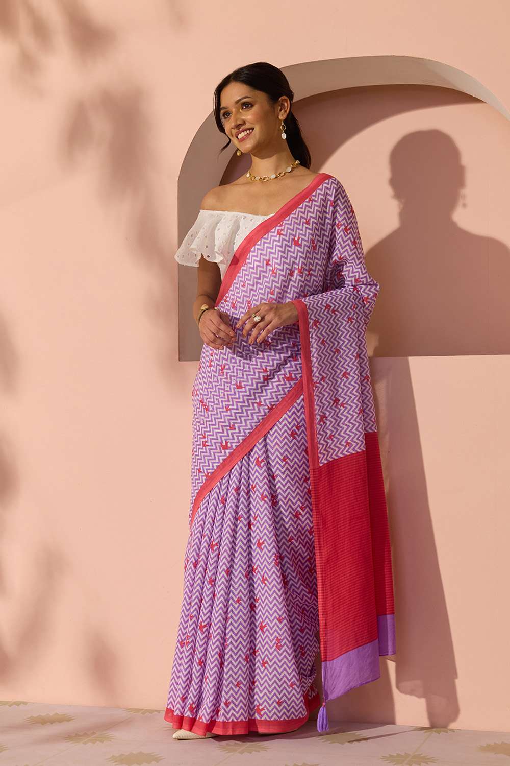 Light Violet Bengal Screen Printed Pure Cotton Mulmul Saree image number null