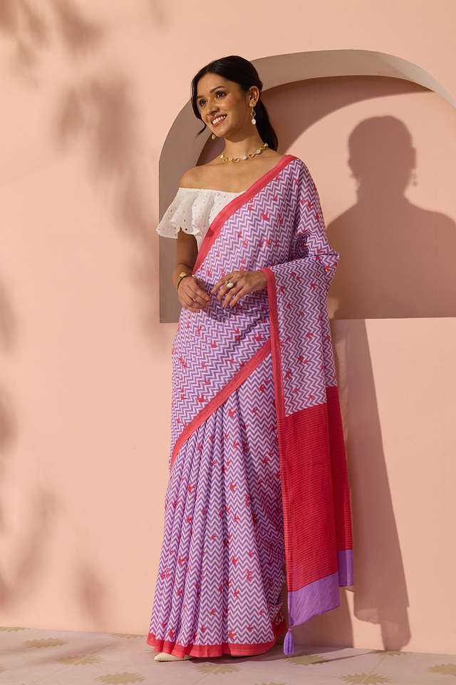 Light Violet Bengal Screen Printed Pure Cotton Mulmul Saree thumbnail image number null
