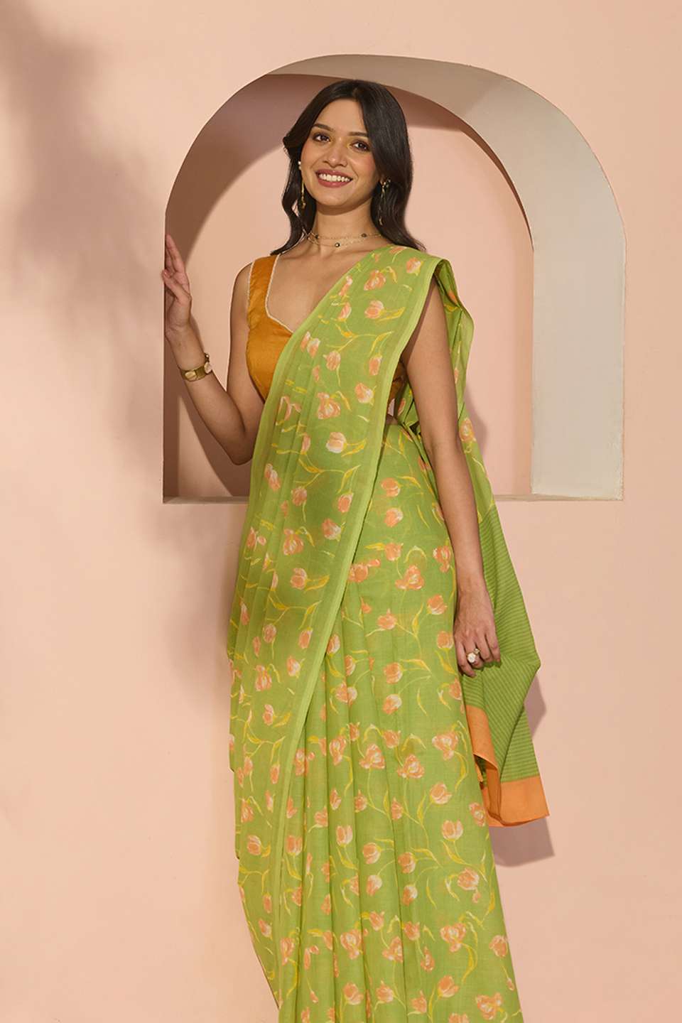 Light Green Bengal Screen Printed Pure Cotton Mulmul Saree