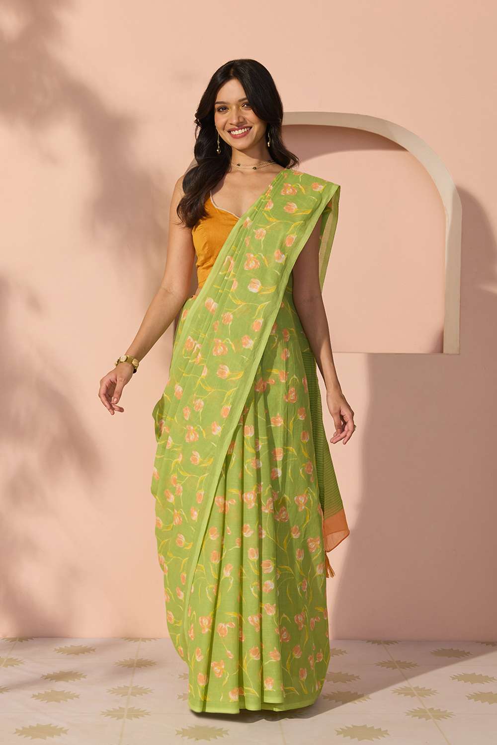 Light Green Bengal Screen Printed Pure Cotton Mulmul Saree image number null